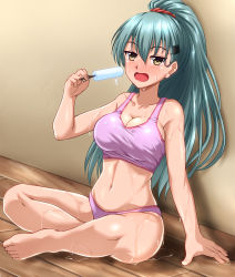 Rule 34 | 1girl, alternate hairstyle, aqua hair, barefoot, blush, bra, breasts, brown eyes, cleavage, commentary request, food, full body, hair between eyes, hair ornament, hairclip, highres, indian style, kantai collection, large breasts, long hair, looking at viewer, navel, open mouth, panties, pink bra, pink panties, ponytail, popsicle, sitting, solo, sports bra, suzuya (kancolle), sweat, underwear, underwear only, zanntetu