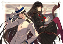 Rule 34 | 1boy, 1girl, adjusting clothes, adjusting headwear, bad id, bad pixiv id, black hair, black skirt, double v, fate/grand order, fate (series), fedora, gloves, hand in pocket, hat, jacket, kusano shinta, long hair, long sleeves, looking at viewer, open mouth, oryou (fate), plaid, plaid skirt, red eyes, red legwear, sakamoto ryouma (fate), scarf, skirt, smile, v, very long hair, white gloves, white hat, white jacket