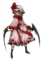 Rule 34 | 1girl, adapted costume, bat wings, boots, bow, capelet, full body, gloves, hat, hat ribbon, highres, long sleeves, looking to the side, mob cap, no-kan, red eyes, remilia scarlet, ribbon, sash, shirt, short hair, silver hair, simple background, skirt, skirt set, solo, touhou, white background, wings, winter clothes