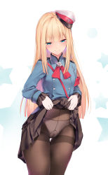 Rule 34 | 1girl, absurdres, bad id, bad pixiv id, beret, black pantyhose, blonde hair, blue eyes, blush, brown gloves, brown pantyhose, cameltoe, chen bin, cleft of venus, clothes lift, fate/grand order, fate (series), flower, gloves, gusset, hair flower, hair ornament, half-closed eyes, hat, highres, lifting own clothes, long hair, long sleeves, looking at viewer, lord el-melloi ii case files, panties, panties under pantyhose, pantyhose, reines el-melloi archisorte, rose, simple background, skirt, skirt lift, smile, solo, thighband pantyhose, tilted headwear, underwear, white panties