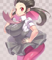 Rule 34 | 1girl, ascot, black hair, bow, breasts, checkered background, creatures (company), dress, female focus, game freak, grey dress, gym leader, hair ornament, hand on own hip, hip focus, impossible clothes, kazo (kazozakazo), large breasts, nintendo, pantyhose, pink pantyhose, pokemon, red eyes, roxanne (pokemon), smile, solo, twintails, wide hips