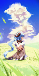 Rule 34 | 1girl, ahoge, back, backless outfit, bare shoulders, blue hair, blue sky, cloud, day, detached sleeves, expressionless, ganyu (genshin impact), genshin impact, goat horns, grass, highres, horns, long hair, long sleeves, looking away, looking to the side, low ponytail, meadow, outdoors, profile, shoulder blades, sky, solo, standing, sunlight, very long hair, w.k, wavy hair