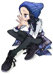 Rule 34 | 1girl, amiami, beanie, black hair, blue eyes, clothes around waist, dated, female focus, half-closed eyes, hat, highres, own hands together, pants, photo-referenced, shirt, shirt around waist, shoes, simple background, solo, white background