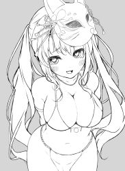 Rule 34 | 1girl, :d, amazaki ria, arms behind back, bad id, bad twitter id, bikini, blush, breasts, cleavage, greyscale, hata no kokoro, heart, heart-shaped pupils, highres, jewelry, large breasts, long hair, looking at viewer, monochrome, navel, necklace, open mouth, smile, solo, swimsuit, symbol-shaped pupils, touhou, twintails