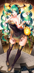 Rule 34 | 1girl, aile (crossroads), beamed quavers, boots, breasts, cleavage, dress, drill hair, gate, green eyes, green hair, hatsune miku, highres, lamp miku, lantern, large breasts, long hair, matching hair/eyes, musical note, pigeon-toed, quaver, solo, strapless, strapless dress, thigh boots, thighhighs, twintails, very long hair, vocaloid