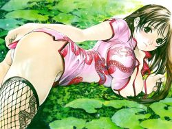 Rule 34 | 1girl, ass, blush, breasts, brown eyes, brown hair, china dress, chinese clothes, covered erect nipples, covering privates, covering ass, dress, dress tug, fishnet thighhighs, fishnets, large breasts, long hair, lying, natsume aya, on stomach, oogure ito, panties, pantyshot, solo, tenjou tenge, thighhighs, underwear, wallpaper, white panties