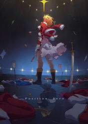 Rule 34 | 10s, 1girl, arrow (projectile), blonde hair, blood, blood on clothes, boots, cape, daiba nana, different reflection, english text, hair ribbon, highres, holding, holding sword, holding weapon, hugging own legs, injury, katana, military, military uniform, planted, planted arrow, reflection, reflective floor, regition, ribbon, school uniform, short hair, shoujo kageki revue starlight, solo, stage lights, standing, sword, torn clothes, twintails, uniform, weapon