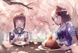 Rule 34 | 2girls, animal ears, aoniyoshi, bad anatomy, bad face, blush, braid, brown hair, carrot, cherry blossoms, closed eyes, closed mouth, commission, crossover, curry, curry rice, food, fubuki (kancolle), green sailor collar, highres, holding, holding spoon, horse ears, horse girl, kantai collection, multicolored hair, multiple girls, open mouth, petals, pixiv commission, purple eyes, rice, sailor collar, school uniform, serafuku, short hair, short sleeves, smile, special week (umamusume), spoon, tracen school uniform, two-tone hair, umamusume, vegetable, white hair