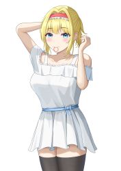 Rule 34 | 1girl, absurdres, alice margatroid, alternate costume, alternate hairstyle, aoyama kou, arms up, bare shoulders, belt, black thighhighs, blonde hair, blue belt, blue bow, blue eyes, blush, bow, breasts, closed mouth, collarbone, commentary request, dress, eyes visible through hair, fingernails, frills, hair between eyes, hairband, hands up, highres, long fingernails, looking at viewer, medium breasts, nail polish, off-shoulder dress, off shoulder, pink nails, ponytail, red hairband, short hair, short ponytail, short sleeves, simple background, solo, thighhighs, touhou, white background, white dress