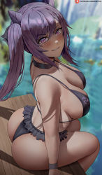 Rule 34 | 1girl, arched back, ass, bikini, black bikini, blurry, blurry background, breasts, choker, commentary, frilled bikini, frills, from behind, genshin impact, grin, hair between eyes, highres, huge ass, keqing (genshin impact), large breasts, long hair, looking at viewer, looking up, parted lips, patreon logo, patreon username, purple eyes, purple hair, shexyo, sitting, smile, soaking feet, solo, strap gap, swimsuit, thighs, twisted torso, water, watermark, web address
