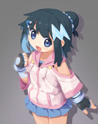 1girl :d black_gloves black_hair blue_eyes blue_hair borrowed_character colored_inner_hair fingerless_gloves gloves grey_background hair_bun hair_ornament hairclip hassai02 highres hood hoodie medium_hair multicolored_hair open_mouth pleated_skirt raisei_no_ryu_tsukai sidelocks skirt smile sorano_minori streaked_hair