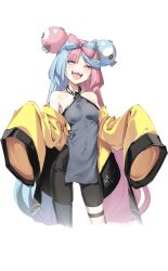 Rule 34 | 1girl, absurdres, bare shoulders, black shorts, blue hair, blush, bow-shaped hair, breasts, character hair ornament, covered navel, creatures (company), dress, game freak, gradient eyes, grey dress, hair ornament, highres, iono (pokemon), jacket, light blue hair, long hair, long sleeves, looking at viewer, low twintails, multicolored eyes, multicolored hair, nintendo, off shoulder, open clothes, open jacket, open mouth, pelvic curtain, pink hair, pokemon, pokemon sv, purple eyes, sharp teeth, short dress, shorts, sleeves past fingers, sleeves past wrists, small breasts, smile, solo, spider apple, split-color hair, teeth, thighs, twintails, yellow eyes, yellow jacket