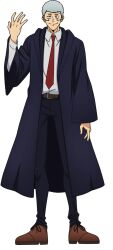 Rule 34 | 1boy, belt, black robe, brown belt, brown footwear, character request, collared shirt, facial mark, full body, grey hair, hand up, highres, long sleeves, male focus, mashle, necktie, official art, red necktie, robe, shirt, short hair, smile, solo, tachi-e, white shirt