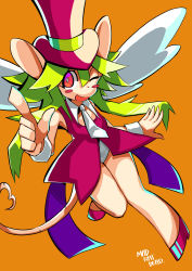 Rule 34 | 1girl, absurdres, animal ears, blush stickers, breasts, green hair, hat, highres, leotard, mad rat dead, mouse (animal), mouse ears, mouse girl, mouse tail, nippon ichi, rat god, red eyes, tail, tie clip, top hat, wings, wrist cuffs