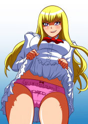 Rule 34 | 1girl, ascot, blonde hair, blue background, blush, bow, bow panties, breasts, clothes lift, dress, dress lift, emilie de rochefort, from below, gradient background, large breasts, long hair, long sleeves, looking at viewer, namco, open mouth, panties, pink panties, purple eyes, raised eyebrow, red ascot, red bow, smile, standing, teeth, tekken, thefetishism, underwear, white dress