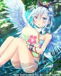 Rule 34 | + +, 1girl, angel wings, ass, black ribbon, blue eyes, blush, board, bracelet, cross, falkyrie no monshou, hairband, jewelry, looking at viewer, natsumekinoko, official art, open mouth, partially submerged, ribbon, short hair, silver hair, solo, swimsuit, wings