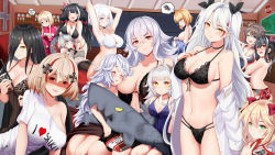 Rule 34 | 6+girls, admiral graf spee (azur lane), admiral hipper (azur lane), antenna hair, azur lane, babydoll, bare shoulders, conductor baton, bismarck (azur lane), black bra, black hair, black legwear, black nails, black panties, blonde hair, blue babydoll, blue eyes, blunt bangs, blush, bra, breasts, casual, cleavage, closed eyes, clothes writing, deutschland (azur lane), earrings, friedrich der grosse (azur lane), graf zeppelin (azur lane), groin, hair between eyes, hair over one eye, heart, highres, holding, jacket, jewelry, large breasts, lingerie, long hair, looking at viewer, military jacket, mole, mole on breast, multicolored hair, multiple girls, nail polish, navel, nipple slip, nipples, official art, one breast out, one side up, open mouth, panties, pantyhose, parted lips, piukute062, prinz eugen (azur lane), red eyes, red hair, red nails, ribbon, roon (azur lane), shaded face, shirt, short hair, sidelocks, small breasts, smile, spoken squiggle, squiggle, stomach, streaked hair, sweater vest, tareme, tirpitz (azur lane), tsurime, two side up, u-47 (azur lane), underwear, underwear only, undressing, very long hair, white hair, white jacket, white shirt, z23 (azur lane), z35 (azur lane), z46 (azur lane), zeppy (azur lane)