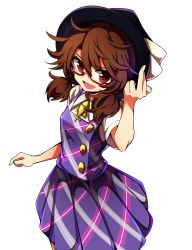Rule 34 | absurdres, baba (baba seimaijo), bow, brown hair, dress, fedora, glasses, hat, hat bow, highres, long hair, looking at viewer, low twintails, middle finger, open mouth, plaid, plaid vest, purple dress, red-framed eyewear, red eyes, school uniform, semi-rimless eyewear, short sleeves, solo, touhou, twintails, usami sumireko, vest, white background