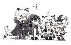 Rule 34 | 1boy, 1other, 2girls, animal ear fluff, animal ears, annoyed, arknights, black coat, black footwear, black jacket, black necktie, black shirt, black shorts, blush, bright pupils, cabbie hat, chibi, cliffheart (arknights), coat, commentary request, doctor (arknights), earrings, embarrassed, empty eyes, fur-trimmed coat, fur trim, grey eyes, hat, head chain, highres, holding another&#039;s tail, holding own tail, hood, hood up, hooded jacket, jacket, jealous, jewelry, leopard boy, leopard ears, leopard tail, mask, multiple girls, necktie, nervous, pramanix (arknights), shirt, shorts, silverash (arknights), simple background, sleeveless, sleeveless jacket, smelling, soppos, surprised, tail, tail slapping, tassel, tassel earrings, translated, white background, white hair, white headwear, white jacket, white pupils