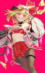 Rule 34 | 1girl, alternate costume, bare shoulders, baseball cap, blonde hair, crystal, fishnets, flandre scarlet, flat chest, hat, highres, jacket, jewelry, laevatein (touhou), medium hair, midriff, multicolored clothes, multicolored jacket, navel, necklace, one side up, open clothes, open jacket, red eyes, red jacket, red shorts, shorts, smile, solo, sports bra, strapless sports bra, syuri22, touhou, white jacket, wings