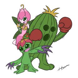 Rule 34 | absurdres, boxing gloves, cactus, digimon, digimon (creature), fairy, flower, highres, lilimon, monster girl, palmon, petals, plant, plant girl, reptile, sharp teeth, spines, teeth, togemon