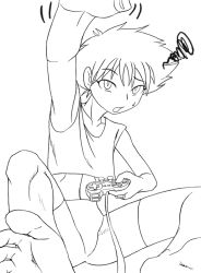 Rule 34 | 1990s (style), 1girl, androgynous, barefoot, cowboy bebop, edward wong hau pepelu tivrusky iv, game console, greyscale, lineart, monochrome, playing games, playstation 2, shinachiku, solo, toes, video game