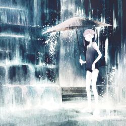 Rule 34 | 1girl, female focus, koyori (artist), kusanagi koyori, legs, oil-paper umbrella, one-piece swimsuit, original, rain, school swimsuit, short twintails, solo, standing, swimsuit, twintails, umbrella