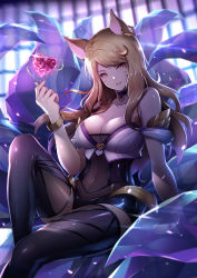 Rule 34 | 1girl, ahri (league of legends), animal ears, arm support, bare shoulders, black choker, black thighhighs, blonde hair, blurry, bracelet, breasts, choker, cleavage, collarbone, covered navel, crescent, crescent hair ornament, crystal, depth of field, earrings, facial mark, floating hair, fox ears, fox tail, glint, hair ornament, hand up, head tilt, heart, highres, jewelry, k/da (league of legends), k/da ahri, kiyo (chaoschyan), knee up, large breasts, league of legends, light rays, long hair, looking at viewer, nail polish, parted lips, petals, pink nails, shiny clothes, shiny skin, sitting, skin tight, smile, solo, sunlight, swept bangs, tail, thighhighs, transparent, tsurime, whisker markings, yellow eyes