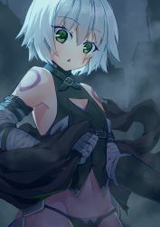 Rule 34 | 1girl, absurdres, arm belt, bandaged arm, bandages, bare shoulders, belt, belt buckle, black belt, black cloak, black gloves, black panties, black shirt, buckle, building, chestnut mouth, cloak, commentary request, facial scar, fate/apocrypha, fate (series), fog, gloves, green eyes, grey hair, groin, hair between eyes, halterneck, head tilt, hidari yuuko, highres, holding, jack the ripper (fate/apocrypha), looking at viewer, navel, night, night sky, outdoors, panties, scar, scar across eye, scar on cheek, scar on face, shirt, short hair, shoulder tattoo, silhouette, single glove, sky, sleeveless, sleeveless shirt, solo, standing, stomach, tattoo, torn cloak, torn clothes, turtleneck, underwear