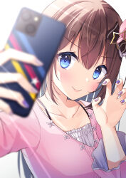 Rule 34 | &gt;:), 1girl, black bow, blue eyes, blurry, blurry foreground, bow, brown hair, cellphone, claw pose, closed mouth, collarbone, commentary request, depth of field, gradient background, grey background, hair between eyes, hair bow, hair ornament, hand up, highres, holding, holding phone, hololive, kugatsu tooka, long hair, long sleeves, looking at viewer, nail art, nail polish, phone, pink shirt, selfie, shirt, smile, solo, star (symbol), star hair ornament, tokino sora, tokino sora (casual), upper body, v-shaped eyebrows, very long hair, virtual youtuber, white background