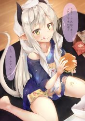 Rule 34 | 1girl, absurdres, animal print, barefoot, blush, cat print, collarbone, commentary request, eating, fish print, food, food on face, food print, grey hair, highres, holding, holding food, horns, indoors, long hair, looking at viewer, off shoulder, on ground, original, pointy ears, sitting, smile, solo, speech bubble, tail, tongue, tongue out, towel, towel on head, translation request, virtual youtuber, white towel, yellow eyes, yuki kawachi