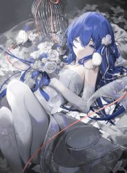 Rule 34 | 1girl, absurdres, bare shoulders, bird, birdcage, blue eyes, blue hair, blue ribbon, bouquet, cage, chi4, closed mouth, dress, elbow gloves, flower, gloves, hair between eyes, hair flower, hair ornament, hair ribbon, highres, holding, holding flower, long hair, looking at viewer, lying, on back, original, revision, ribbon, signature, solo, strapless, strapless dress, very long hair, white dress, white flower, white gloves, white legwear, white ribbon