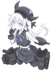 Rule 34 | 10s, 1girl, abyssal ship, amputee, blue eyes, cannon, colored skin, destroyer princess, female focus, full body, gloves, glowing, glowing eyes, hat, headgear, horns, kantai collection, long hair, midriff, monochrome, navel, no legs, pale skin, school uniform, senhappyaku, serafuku, side ponytail, simple background, skirt, solo, spot color, thumb sucking, torpedo, white background, white hair, white skin