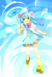Rule 34 | 1girl, :d, bad id, bad pixiv id, bare legs, blue dress, boots, bun cover, capelet, double bun, dress, full body, hamamo, holding, looking at viewer, open mouth, original, rain, rainbow, rubber boots, short sleeves, smile, solo, twintails, umbrella, walking, yellow footwear