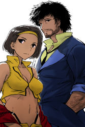 Rule 34 | 1boy, 1girl, beard, character request, cosplay, cowboy bebop, facial hair, faye valentine, resident evil, simple background, spike spiegel, spike spiegel (cosplay), stomach, white background