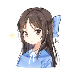 Rule 34 | 1girl, bad id, bad pixiv id, blue bow, blue shirt, blush, bow, brown eyes, brown hair, closed mouth, collared shirt, commentary request, hair bow, idolmaster, idolmaster cinderella girls, long hair, looking at viewer, moong gya, shirt, signature, simple background, solo, sparkle, tachibana arisu, v-shaped eyebrows, white background