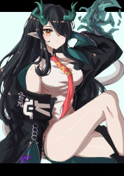 Rule 34 | 1girl, absurdres, arknights, bare legs, black hair, breasts, cleavage cutout, clothing cutout, dragon girl, dragon tail, dress, dusk, dusk (arknights), fiery tail, flame-tipped tail, frown, green horns, hair over one eye, highres, horns, jacket, large breasts, long hair, necktie, pointy ears, red necktie, simple background, solo, tail, very long hair, white dress, yellow eyes