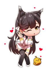 &gt;_o 1girl :o ahoge animal_ear_fluff animal_ears atago_(azur_lane) azur_lane bent_over bird black_hair black_thighhighs blush breasts buttons chibi chibi_only chick commentary_request dog_ears dog_girl double-breasted extra_ears finger_heart full_body garter_straps green_eyes hand_on_own_thigh hand_up heart highres kagiyama_(clave) large_breasts long_hair manjuu_(azur_lane) medal military_uniform mole mole_under_eye one_eye_closed parted_lips pencil_skirt ribbon salute simple_background skirt swept_bangs thighhighs very_long_hair white_background white_high_heels white_ribbon white_skirt