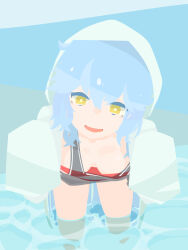 Rule 34 | 1girl, blue hair, breasts, bright pupils, caustics, character request, check character, commentary request, cowboy shot, grey tank top, hair between eyes, hara id 21, highres, hood, hood up, hoodie, leaning forward, long hair, looking at viewer, no lineart, open clothes, open hoodie, open mouth, small breasts, smile, solo, station memories, tank top, tendai yako, wading, water, white hoodie, white pupils, yellow eyes