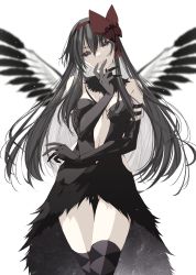 Rule 34 | akemi homura, akuma homura, black dress, black gloves, black wings, bow, dress, facing viewer, feathered wings, gloves, hand on own chin, hand on own face, head tilt, highres, looking at viewer, mahou shoujo madoka magica, mahou shoujo madoka magica: hangyaku no monogatari, misteor, red bow, simple background, solo, space, tagme, white background, wings