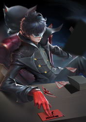 Rule 34 | 10s, 1boy, absurdres, amamiya ren, black hair, card, chair, closed mouth, commentary, covered eyes, danger0088, desk, english commentary, gloves, high collar, highres, jacket, leather, leather jacket, long sleeves, male focus, mask, paper stack, persona, persona 5, red gloves, sitting, solo