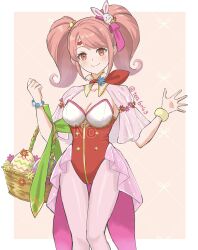 1girl bracelet breasts cleavage easter_egg egg fire_emblem fire_emblem_echoes:_shadows_of_valentia fire_emblem_heroes flower hair_ornament hair_ribbon highres holding jewelry leotard mae_(fire_emblem) mae_(spring)_(fire_emblem) medium_breasts nintendo official_alternate_costume pantyhose pink_hair pink_ribbon playboy_bunny red_eyes ribbon smile solo tea6043 twintails