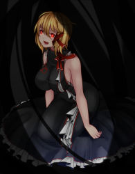 Rule 34 | 1girl, alternate costume, aoshima, bare arms, bare shoulders, black dress, blonde hair, breasts, commentary request, dress, fangs, frilled dress, frills, glowing, glowing eyes, hair ribbon, highres, large breasts, aged up, open mouth, red eyes, ribbon, rumia, sitting, sleeveless, sleeveless dress, smile, solo, touhou