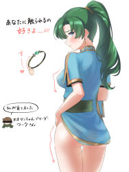 Rule 34 | 1girl, ass, blue dress, blush, breasts, chibi, chibi inset, commentary request, cowboy shot, dress, earrings, fire emblem, fire emblem: the blazing blade, fire emblem engage, green eyes, green hair, highres, jewelry, large breasts, long hair, looking at viewer, lyn (fire emblem), mark (fire emblem: the blazing blade), nintendo, ponytail, ring, short dress, short sleeves, smile, standing, teijirou, thighs