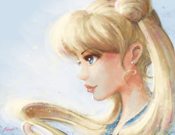 Rule 34 | 1girl, bishoujo senshi sailor moon, blonde hair, blue eyes, brittany fuerst, double bun, earrings, from side, hair bun, jewelry, lips, portrait, profile, signature, smile, solo, tsukino usagi, twintails