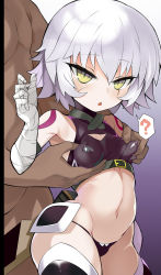 Rule 34 | 1boy, 1girl, ?, arm belt, bad id, bad twitter id, bandaged arm, bandages, bare shoulders, black panties, black thighhighs, blush, breasts, covered erect nipples, empty eyes, facial scar, fate/apocrypha, fate/grand order, fate (series), green eyes, highres, hypnosis, jack the ripper (fate/apocrypha), looking at viewer, mind control, navel, nipple stimulation, nipple tweak, open mouth, panties, scar, scar across eye, scar on cheek, scar on face, shimejinameko, short hair, shoulder tattoo, slit pupils, small breasts, spoken question mark, tattoo, thighhighs, thighs, underwear, white hair
