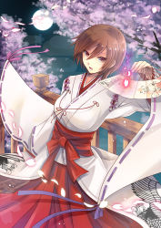 Rule 34 | 1girl, awh, breasts, brown eyes, brown hair, cherry blossoms, female focus, full moon, hand fan, japanese clothes, meiko (vocaloid), moon, nature, night, outdoors, petals, short hair, sky, solo, vocaloid
