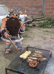 Rule 34 | 1boy, beard, blush, commentary, cooking, dark-skinned male, dark skin, dungeon meshi, dwarf, facial hair, fake horns, food, full body, grill, grilling, head tilt, helmet, highres, holding, holding tongs, horned helmet, horns, long beard, looking at viewer, male focus, mustache, parody request, photo background, senshi (dungeon meshi), solo, spanish commentary, sparkle, standing, thick mustache, thumbs up, toned, toned male, tongs, very long beard, yumaindis