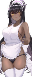 Rule 34 | 1girl, apron, apron lift, bare arms, bare shoulders, black hair, black panties, blue archive, blush, breasts, clothes lift, collarbone, cowboy shot, crossed bangs, dark-skinned female, dark skin, frilled apron, frills, gaitoou, halo, highres, karin (blue archive), large breasts, long hair, looking at viewer, maid, maid headdress, panties, parted lips, side-tie panties, sideboob, simple background, solo, standing, thighhighs, thighs, underwear, white apron, white background, white headwear, white thighhighs, yellow eyes