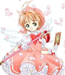 Rule 34 | 1990s (style), 1girl, :d, blunt bangs, bow, bowtie, cardcaptor sakura, child, clow card, dress, fuuin no tsue, gloves, green eyes, hat, holding, kinomoto sakura, looking at viewer, magical girl, open mouth, orange hair, petals, pink hat, red bow, red bowtie, red dress, retro artstyle, short hair, simple background, smile, solo, tom (1art.), white background, white gloves
